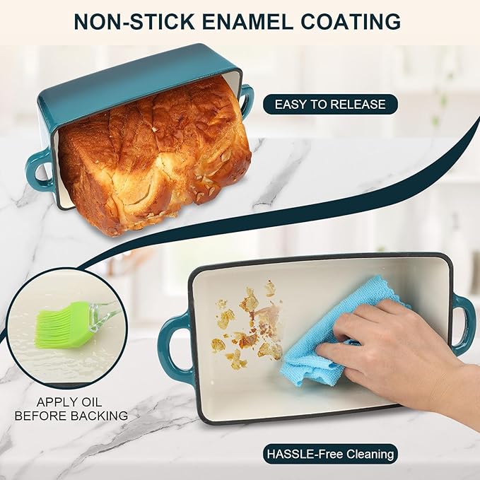 9x5 Inch Enameled Cast Iron Loaf Pan with Lid | 2 in 1 Homemade Sourdough Bread Baking Pan for Homemade Bread, Cake, Meatloaf | Durable 2 Piece Set, Blue Color