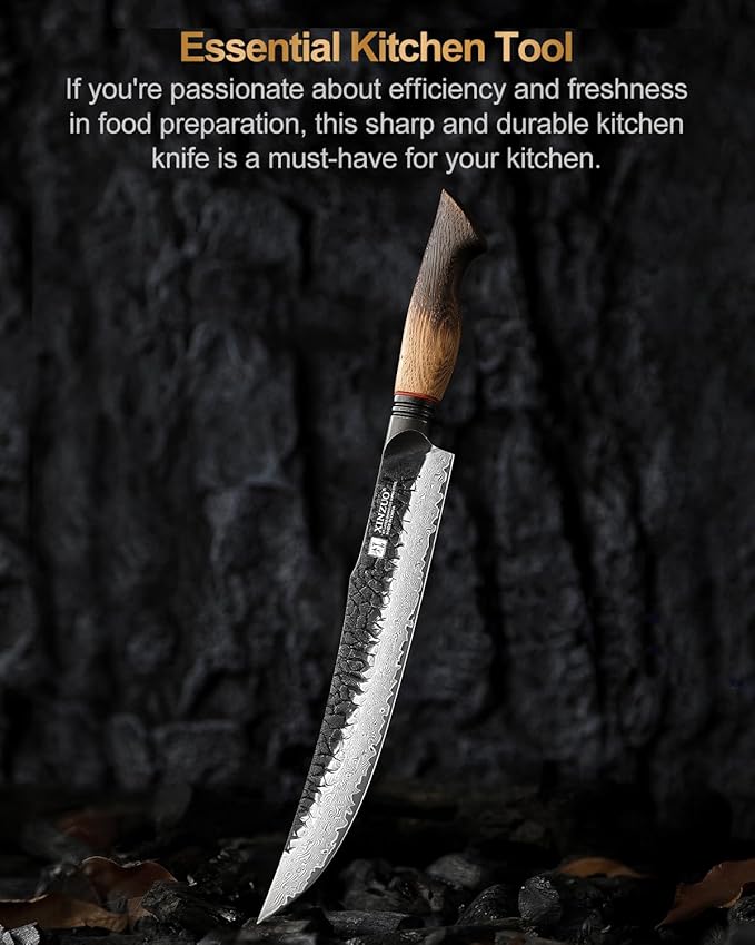 XINZUO 10 Inch Brisket Carving Knife,67-Layer Damascus Steel,Razor Sharp Curved Butcher Breaking Knives For Meat Cutting With White Oak + Red G10 Gasket Handle