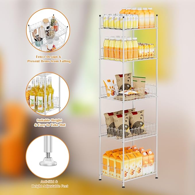 Water Bottle Storage Organizer 5 Tier Metal Water Bottle Holder Shelf Drink Beverage Soda Can Organizer Rack Bottled Water Stand for Floor Classroom Kitchen Food Storage, Silver