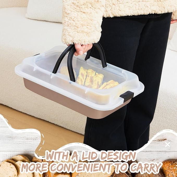 2 Pcs Cake Baking Pan with Lid and Handle, 9 x 13 Inch Non-stick Rectangle Sheet Cake Pan Carrier for Brownie Roasting Cooking Baking (Gold)