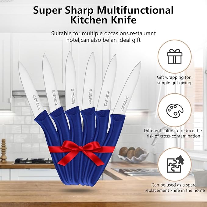 Paring Knife Set, Stainless Steel Paring Knives Set of 6,Sharp Vegetable&Fruit Knife,Small Kitchen Knife,Straight Edge Paring Knives,Ergonomic Handle Paring Knifes Set,Blue Peeling Knife