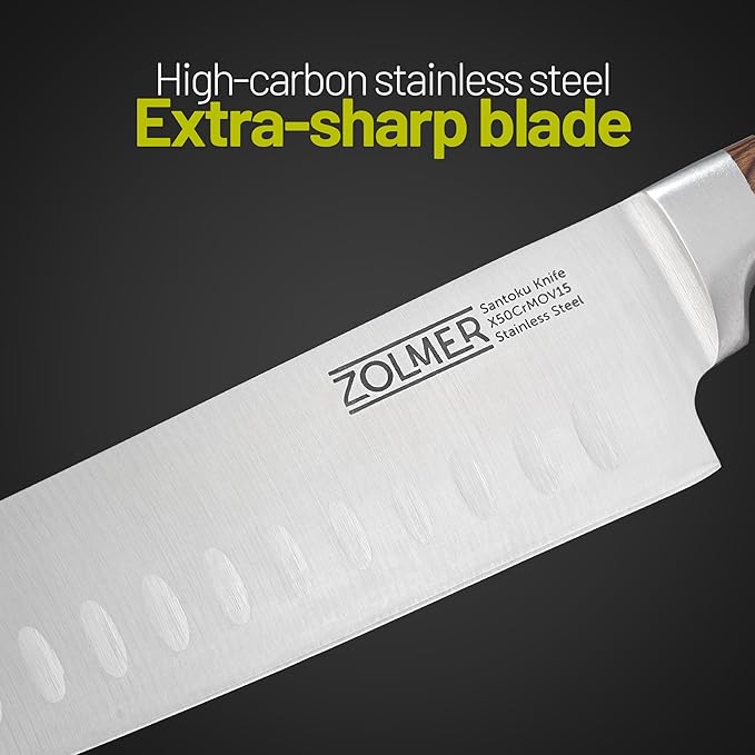 ZOLMER® Santoku Knife 7 Inch Blade – Extra Sharp Japanese Chef Knife – All-Purpose Kitchen Tool with German Wood Handle for Precision Cutting