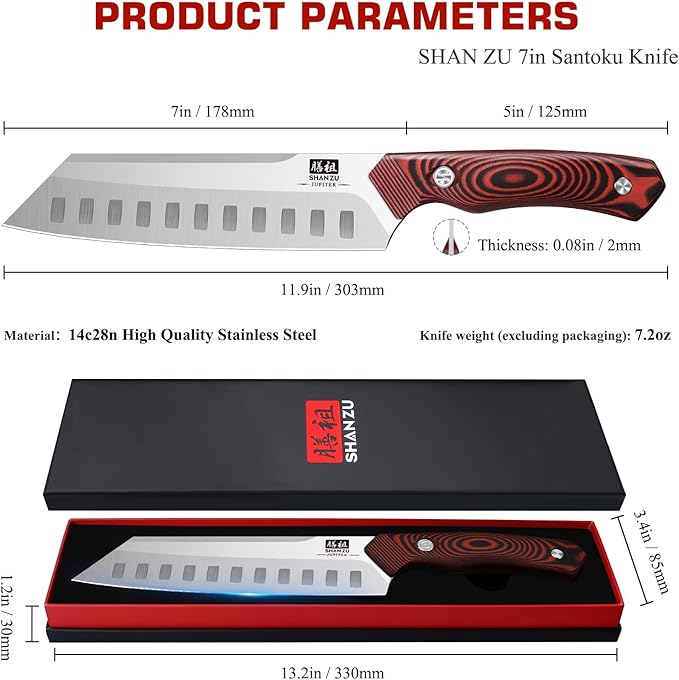 SHAN ZU Sushi Knife, Swedish Steel 14C28N Santoku Chef Knife High-Class Professional Europe Style 7 inch Cooking Meat Vegetable Knives, Ultra Sharp Chef Knives with Upgraded Two-tone G10 Handle