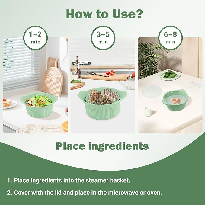 Silicone Microwave Steamer - Microwave Pot Steamer Basket Bowl for Baby Food, Vegetables & Dumplings, Compact & Lightweight Design, Oven & Dishwasher Safe (Green, L 42oz(1250ml))