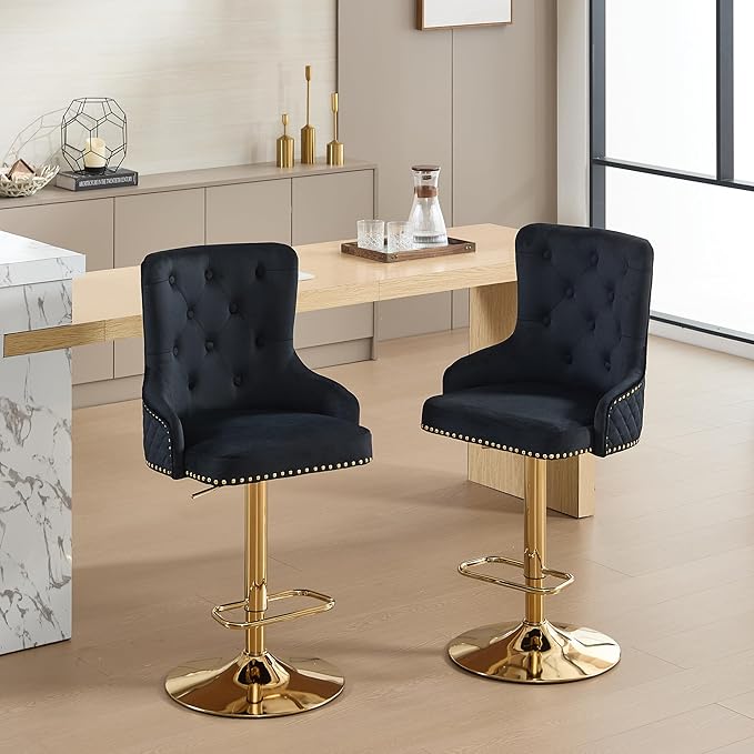 Velvet Gold Barstools Set of 2, Modern Counter Height Adjustable Swivel Stools Chairs with High Tufted Backrest Golden Base Lion Head Pull Ring Diamond Pattern Rivet Trim for Kitchen (Black)