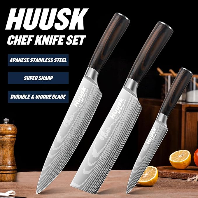 Huusk Chef Knife Set Japanese, Professional Kitchen Knife Set, Ultra Sharp Cooking Knives Sets with Wood Handle for Home, Outdoor Camping BBQ, Gift Idea Men
