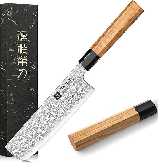 XINZUO 7 Inch Nakiri Knife, 67 Layers Damascus Steel, Professional Meat Cleaver Knife for Chefs Home Cooking,Ultra Sharp, Chopping Knife with Olive Wood Octagonal Handle
