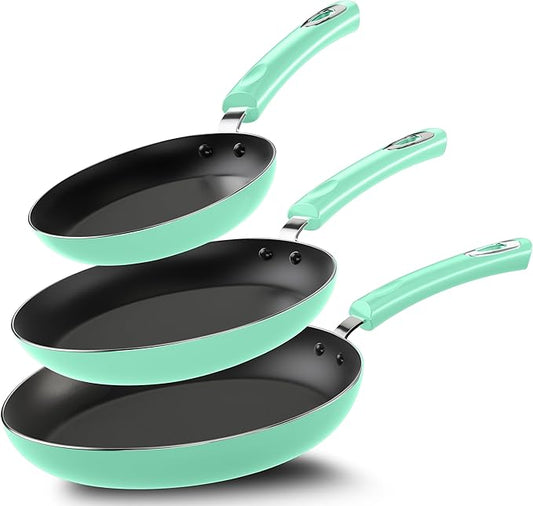 Utopia Kitchen Nonstick Cookware 3 Piece Set, Non-Stick Frying Pans with Induction Bottom, 8, 9.5 & 11 Inches Frying Pans with Bakelite Handles, PFOA Free, Green & Black