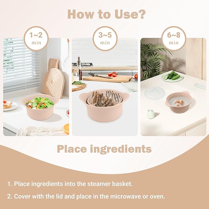 Silicone Microwave Steamer - Microwave Pot Steamer Basket Bowl for Baby Food, Vegetables & Dumplings, Compact & Lightweight Design, Oven & Dishwasher Safe (Pink, L 42oz(1250ml))