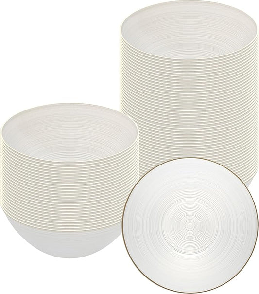 Restaurantware Plastic Bowls 20 Pcs 16 oz Gold Rimmed Disposable Soup Bowls Heavy-Duty White Translucent Rippled Dinnerware Containers for Party, Desserts, Salads, Snacks, and Catering