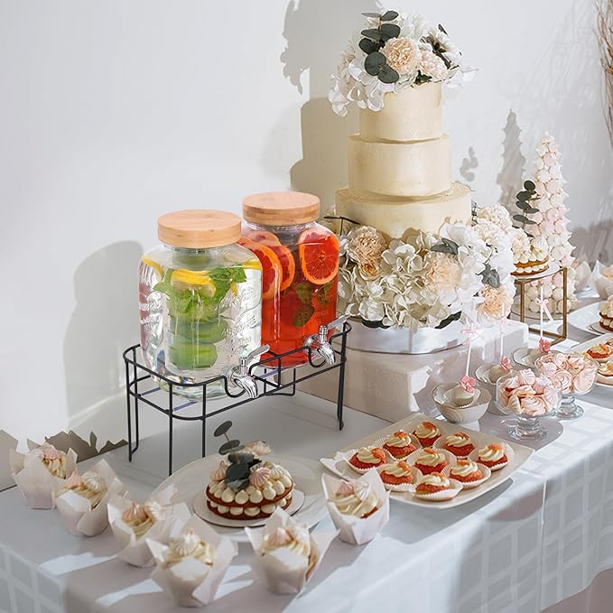 2 Pack 1 Gallon Glass Drink Dispenser with Bamboo Lid, Beverage Dispenser with Stand, Drink Machine for Lemonade, Iced Drinks Kombucha Dispenser