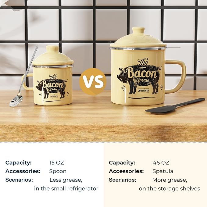 PGYARD Mini Bacon Grease Container With Strainer - 15OZ Enamel Grease Saver, Farmhouse Bacon Grease Keeper For Kitchen Fat Storage-Beige