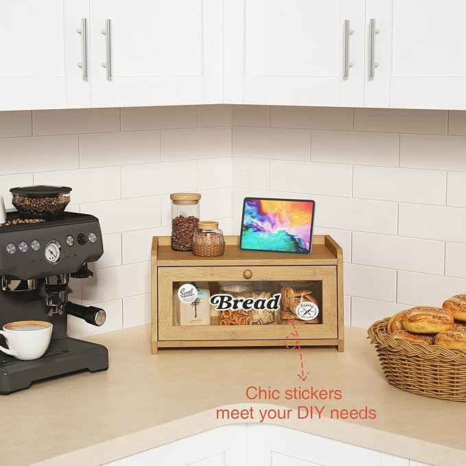 Wood Bread Box for Kithcen Countertop, Rustic Breadox Storage Container for Homemade Bread, Small Bread Keeper Holder Organizer with Window (Natural Bamboo)
