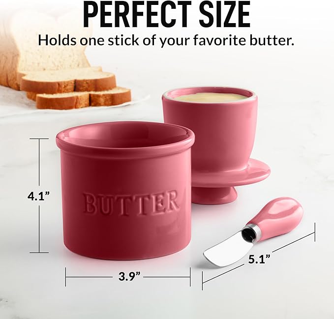 Zulay Kitchen Porcelain Butter Crock With Lid & Knife - Authentic French Butter Dish For Fresh & Spreadable Butter - Dragonfruit