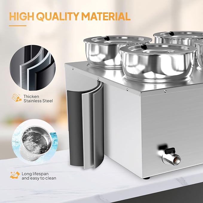 ROVSUN Electric Soup Warmer, 30QT Commercial Food Warmer Steam Table, Countertop Bain Marie with Four 7.4QT Pots, 86~185°F Adjustable Temperature, Lid and Tap for Buffet Restaurant 1500W