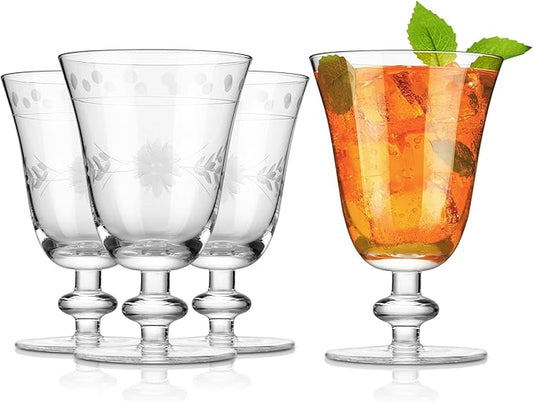 Royalrose Premium Delight Vintage Wine Glasses Set of 4, 10 oz – Hand-Blown with Etched Stem, Classic Glassware for Weddings, Dinners, and Holiday Gifting (Vintage Goblets)