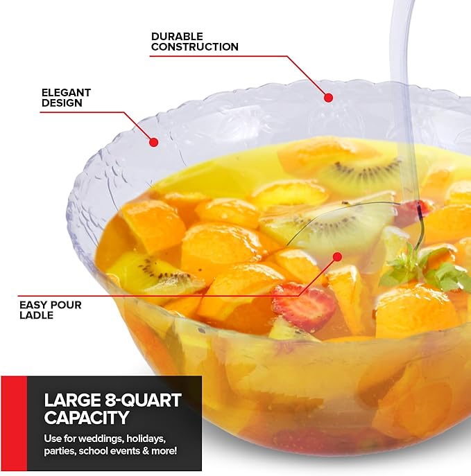 Stock Your Home Premium Plastic Punch Bowl with Ladle, Fancy Disposable Punch Bowls for Parties, Holidays, Schools, Halloween, and More, Quality Glass Like Appearance, Large Punch Bowl with Ladle Set