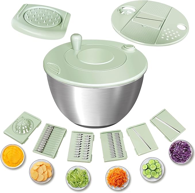 Airpro Stainless Steel Salad Spinner, Durable Lettuce Spinner with 5 Blade Slicer, Stop Button, Drainage Hole, Egg Yolk Strainer Shredder, Non-Slip Base, Vegetable Dryer, Fruit Washer, Dishwasher Safe