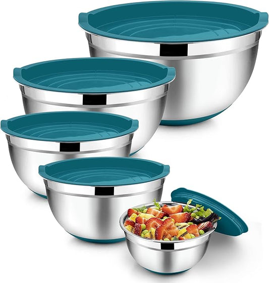 TeamFar Mixing Bowls with Lids Set, 7/3.5/2.5/1.5/1 QT, Stainless Steel Large Metal Nesting Salad Bowl Set of 5, Healthy & Sturdy, Non-slip Bottom & Airtight Lid-Blue