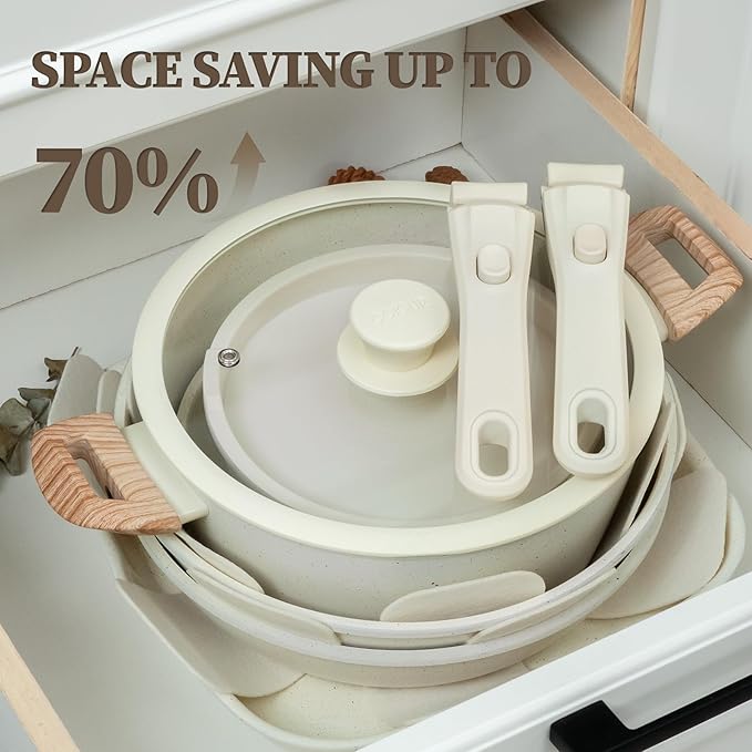 23Pcs Ceramic Cookware Set Non Stick Pots and Pans Set Non Toxic with Detachable Handle Induction Kitchen Cookware Set Space Saving, Oven & Dishwasher Safe, Cream White