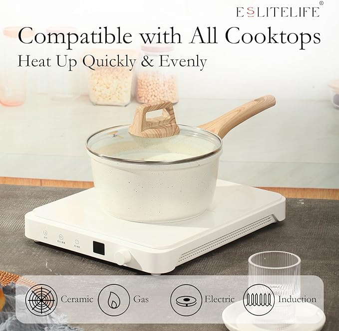 ESLITE LIFE Nonstick Sauce Pan with Lid, 1.5 QT Small Soup Pot Compatible with All Stovetops (Gas, Electric & Induction), PFOA Free, White