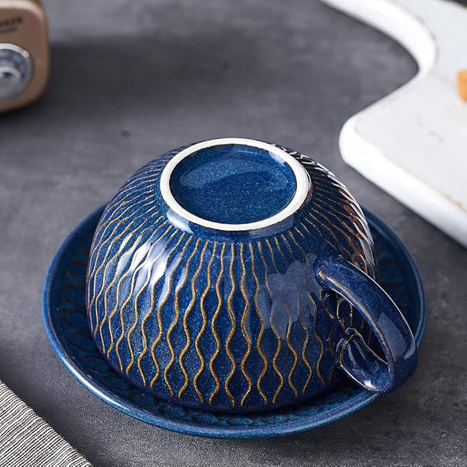 Vintage Design 12 oz Ceramic Latte Art Cappuccino Barista Cup with Saucer (Embossed Blue)