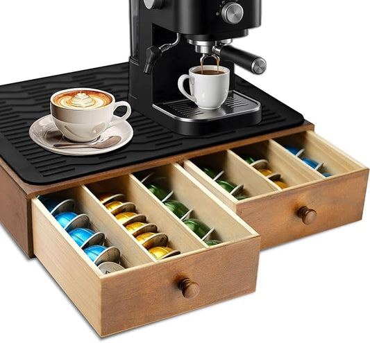 Wooden Coffee Pod Drawer,Holders for Counter with 2 Drawers and Silicone Non-Slip Pad, Drawer Organizer (30 Pod Capacity)