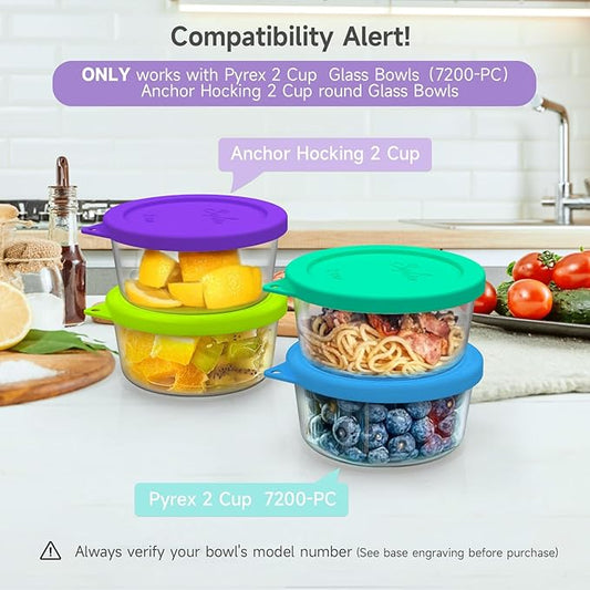 Sophico 2 Cup Round Silicone Storage Cover Lids Replacement for Pyrex 7200-PC and Anchor Hocking Glass Bowls (Container not Included) |Green-Purple 4 Pack |