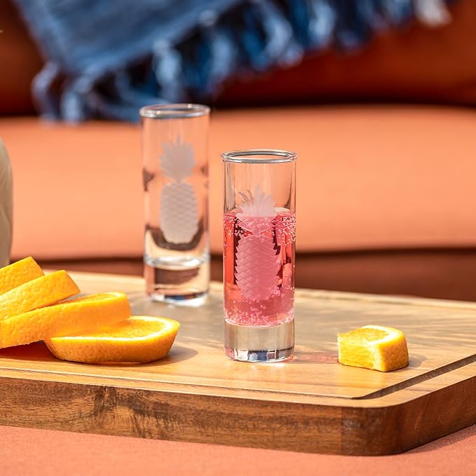 Rolf Glass Fresh Pineapple Shot Glass | 2.5oz Engraved Glass Cordial | Spirits or Tequila Sipper | Tropical Sand-Etched Pineapple Design | Lead-Free | Made in the USA | Set of 4