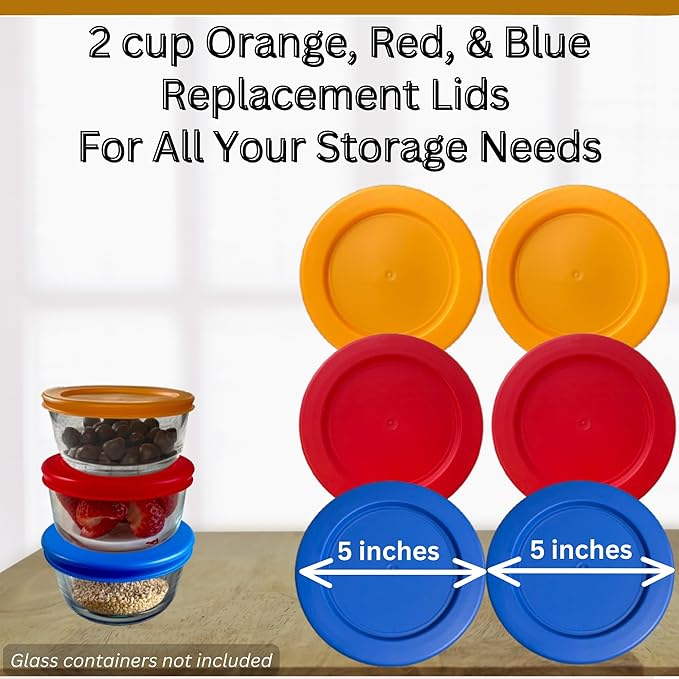 2 Cup/470 mL Orange, Red, Blue Replacement Lids/Covers for Pyrex 7200-PC, 2 Cup/16oz Anchor Hocking & Klare Ware Storage Bowls *Lids Only* - *Glass Container Not Included* (6 Pack, Orange, Red, Blue)