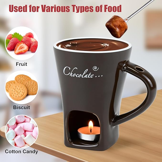 Sweet Fondue Cup for Chocolate Cheese Candy Butter - Chocolate Fondue Mug with Fork & 4 Candle, Mini Ceramic Chocolate Melting Cup, Personal Chocolate Melting Pot for Date Night Birthday (Coffee)