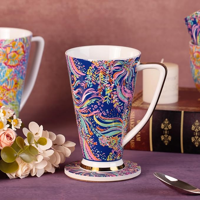 KAMMAK Ceramic Coffee Mugs 17 oz Tall Porcelain Coffee Cups Set of 2 Large Tea Mugs with Handle Vintage Tea Cups Cappuccino Mug for Latte, Espresso, Americano, breakfast cereal, Hot Cocoa, Drinks