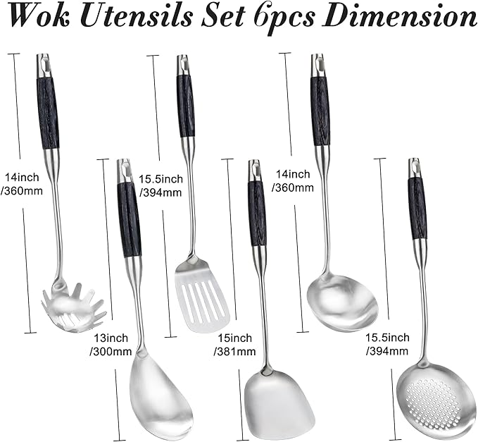 FJNATINH Kitchen Utensils Set - Wok Utensil - Wok Tools - 6 Pieces Ebony Wooden Handle Cooking Tools with Wok Spatula, Soup Ladle, Skimmer Spoon, Slotted Spatula Turner, Spaghetti Server, Solid Spoon