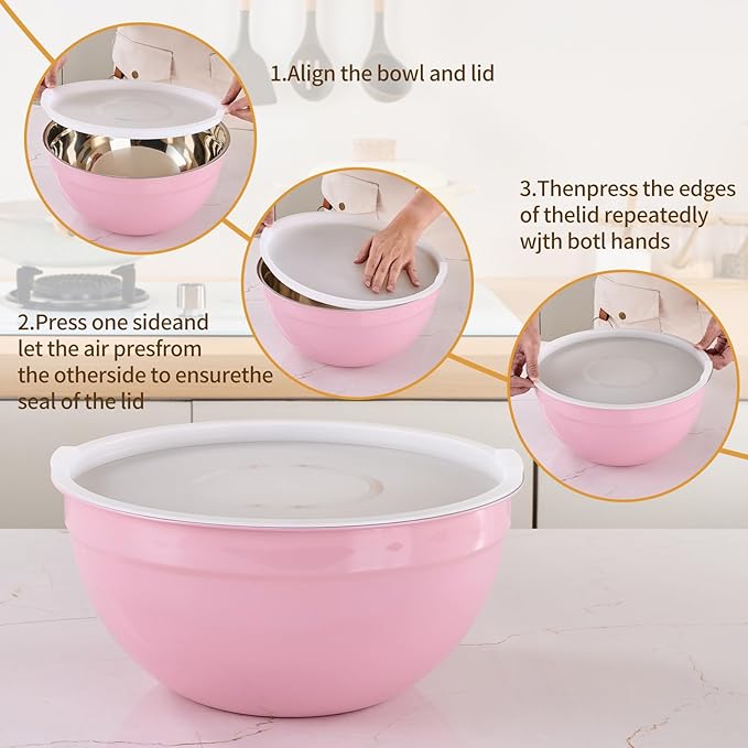Pink Mixing Bowls with Airtight Lids, Stainless Steel Nesting Mixing Bowls Set of 7, Ideal for Baking, Prepping and Serving Food, Size 7, 3.6, 2.7, 2.1, 1.5, 1.1,0.8 QT, Stackable Design