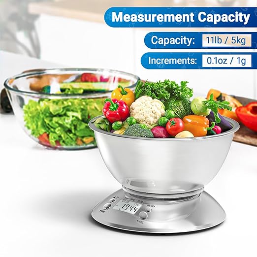 Kitchen Food Scale Digital Weight Grams and Oz,Professional Stainless Steel Digital Kitchen Food Scale 11lb/0.1oz with Bowl for Weight Loss Dieting Baking Cooking