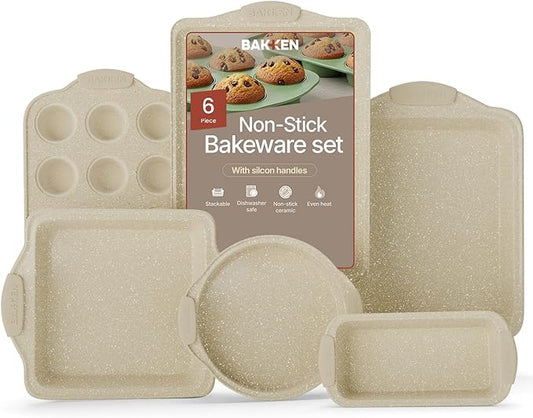 6-Piece Deluxe Nonstick Baking Pan Set - Professional Grade Carbon Steel Bakeware with White Marble Coating & Silicone Handles