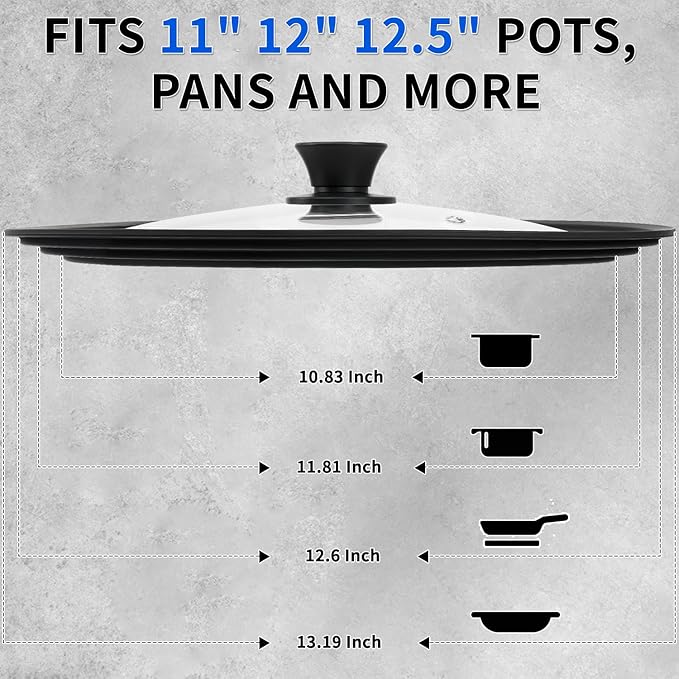 Universal Lid for Pots, Pans and Skillets - Tempered Glass Lid with Heat Resistant Silicone Rim Fits 11" - 12.5" Diameter Cookware, Replacement Lid for Frying Pan and Cast Iron Skillet (11"12"12.5")
