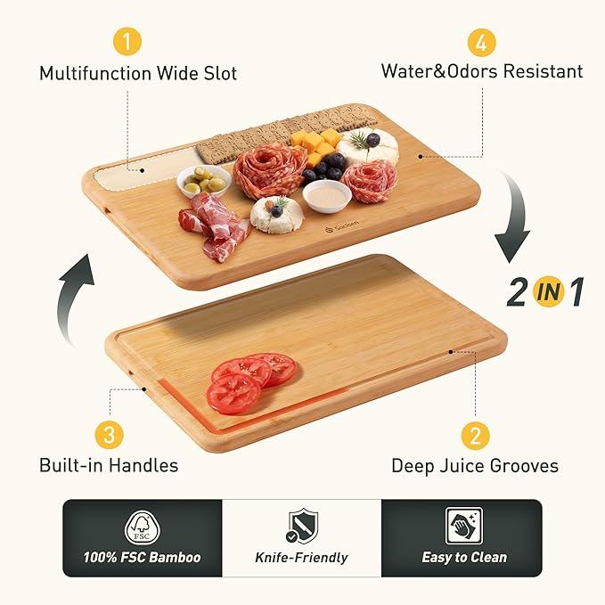 2 Packs Natural Wood Cutting Board Set Non Toxic Bamboo Cutting Boards with Juice Groove Wooden Chopping Board Ideal Charcuterie for Meat Fruit Vegetables Cheese Hardwood Kitchen Counter Kit