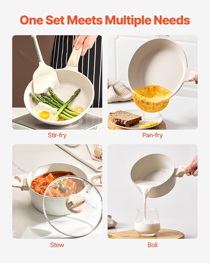 VEVOR 17 Piece Pots and Pans Set, Granite Nonstick Cookware Set, Induction Cookwares, Kitchen RV Cooking Sets with Frying, Sauce, Saute, Tempered Glass Lids, and Pan Protectors, White