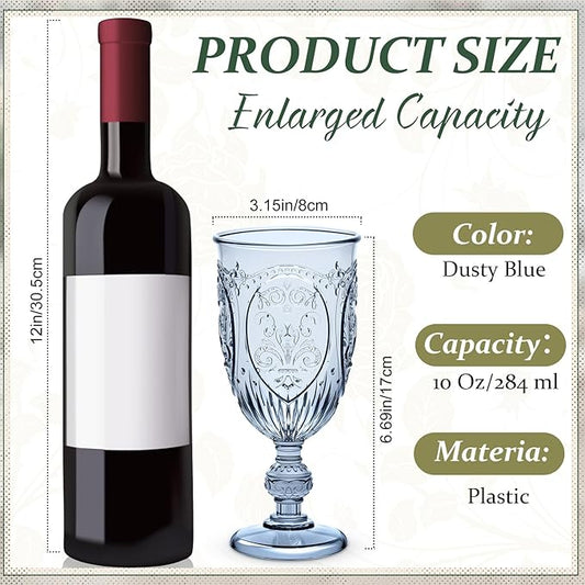 18 Pack Plastic Goblets 10oz Upgrade Vintage Water Goblet Plastic Wine Glasses Colored Retro Embossed Glassware for Party Wine Bar Juice Baby Shower Wedding Reception Grand (Blue)