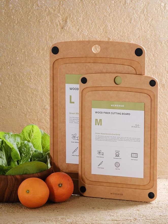 WENSHUO Gourmet Series Cutting Board Set for Kitchen- Natural Wood Fiber Composite with Juice Groove、Non-slip Feet,Non-Porous,Reversible,BPA Free,Dishwasher Safe,2PCS