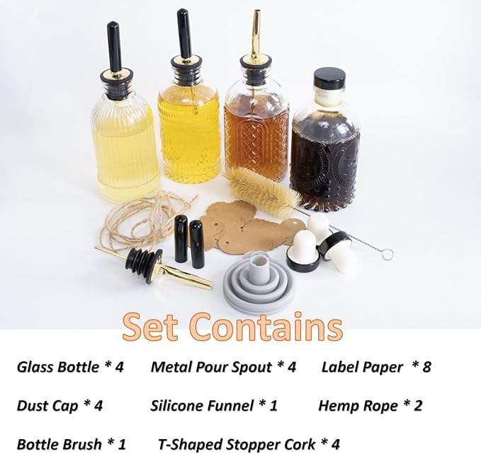 Syrup Dispenser Bottles Set,4 pcs 7oz Glass Coffee Syrup Bottle,Coffee Bar Accessories with Metal Pour Spout Ideal and labels for Coffee Syrups,Coffee bar