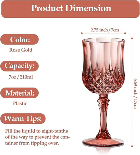 XUWAIDSGN 16 Pcs 7oz Plastic Vintage Wine Glasses Drinking Glasses Unbreakable Wedding Glassware Crystal Water Goblets Reusable Drinkware Vintage Champagne Flutes (16, Rose Gold)