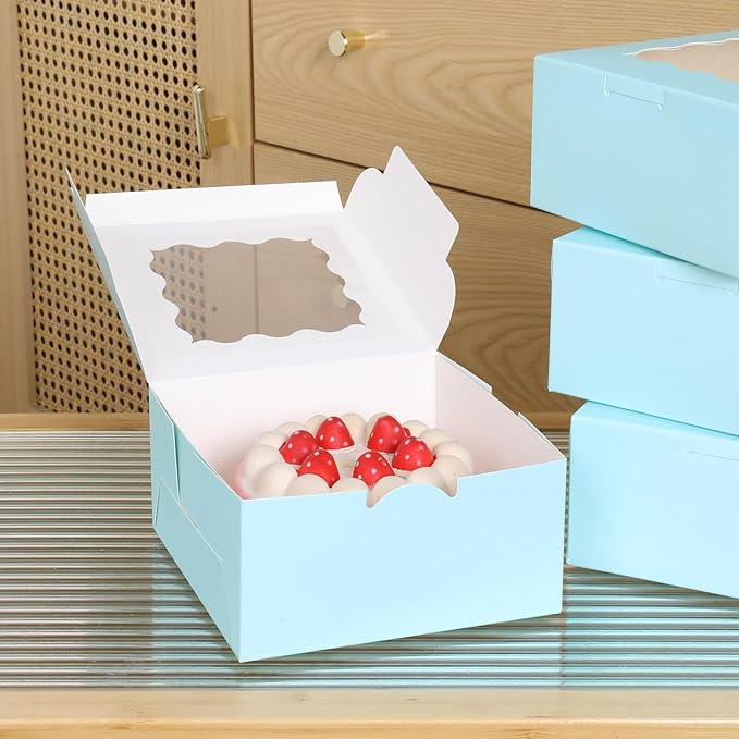 6x6x3 Inches Small Cake Box with Window, Bakery Box, Pastry Boxes, Cookie Boxes, Mini Pie Box for Pastry,Dessert,Strawberries,Chocolates, Cupcakes with paper stickers (Baby Blue/36pcs)