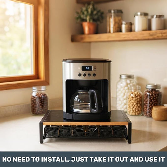 Coffee Pod Drawer,Coffee Station Organizer for Coffee Pod Storage,Movable Solid Wood Partition Board, Counter Coffee Bar Accessories for Nespresso Pods,Cream, Spoon, Sugar(Black)