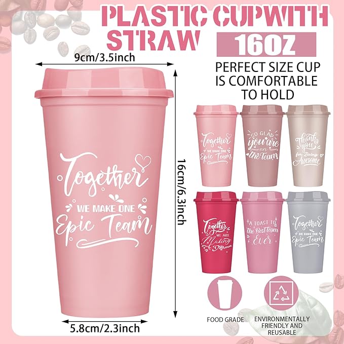 Pickmesh 15 Pcs Employee Appreciation Gifts Christmas Thank You Gift for Team Building 16 oz Teacher Plastic Coffee Cup with Lid Inspirational Travel Tumbler for Coworker Staff Pastor (Pink)