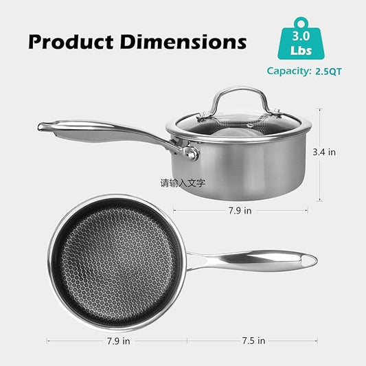 2.5QT Stainless Steel Saucepan With Lid, Honeycomb Non-stick Cooking Pot, Eco-Friendly PFOA-Free Coating, Compatible with All Cooktops, Perfect for Milk, Soup, Oatmeal & Baby Food, Dishwasher Safe