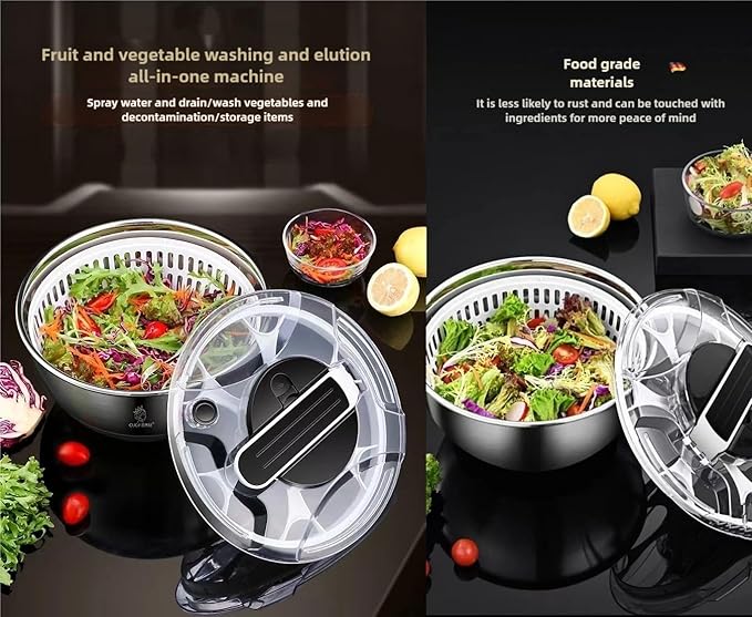Large Stainless Steel Pump Salad Spinner, with Bowl and Colander and Retractable Pusher and Brake Button - Quick and Easy Multi-Use Lettuce Spinner, Vegetable Dryer, Fruit Washer Spinner (Black, 3.5L)