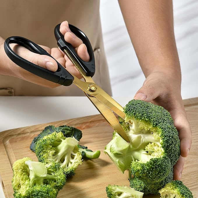 Golden Titanium Coating Kitchen Scissors with Blade Cover, Stainless Steel, Comfortable Handle, Heavy Duty