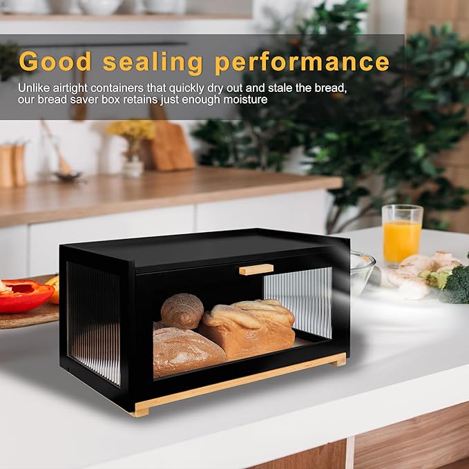 MinBoo Bamboo Bread Box for Kitchen Counter,Large Bread Storage Container with Arcylic Transparent Door, Bamboo Wooden Farmhouse Bread Box for Kitchen